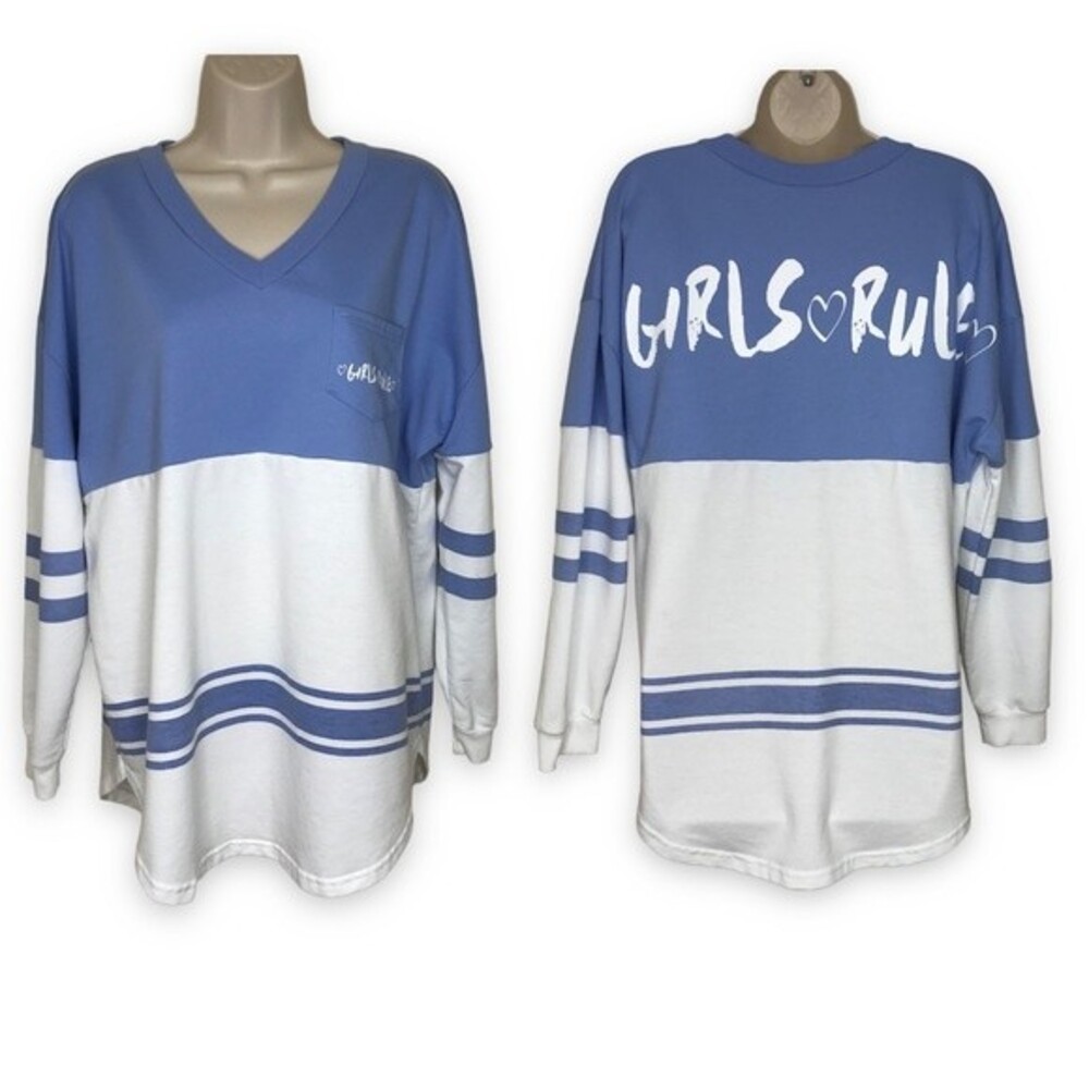 Girls Rule Spirit Jersey Spell Out Blue White Football Stripe V Neck Size Large